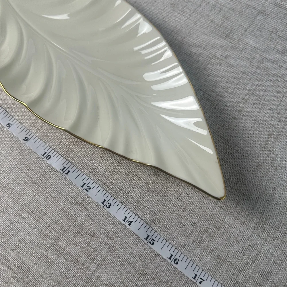 Vintage Lenox Ivory Porcelain Leaf Serving Tray Gold Trim Made in USA